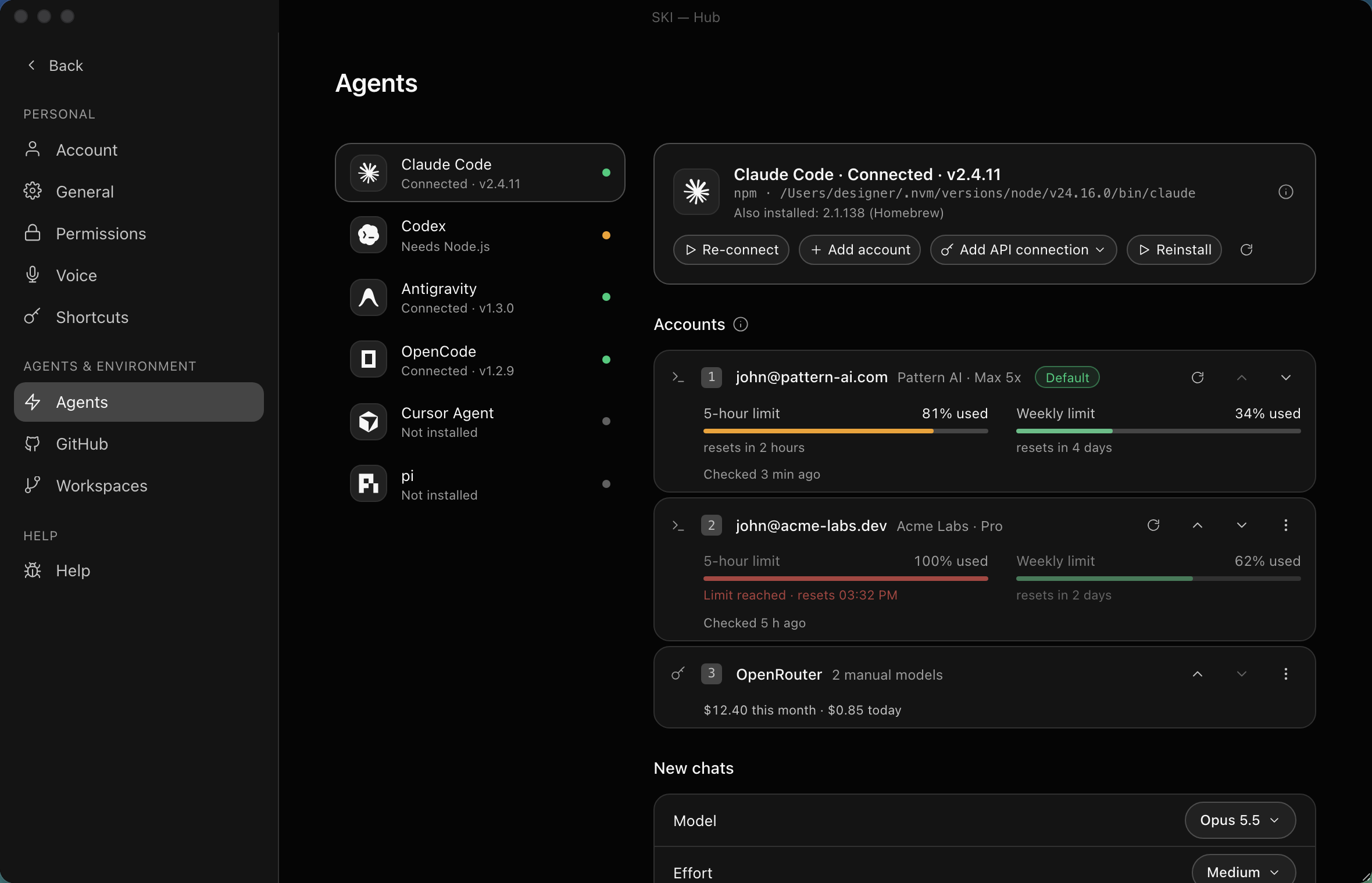 SKI settings, Agents — Claude Code, Codex, Antigravity, OpenCode, Cursor and pi side by side, with model, effort, CLI and API sign-in, and every account in one list