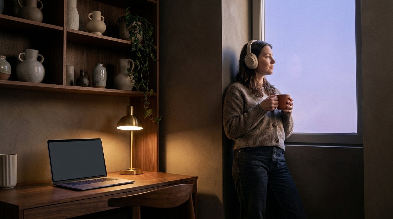 A developer stands by the window with a coffee and headphones, away from the laptop, while SKI reads back the result